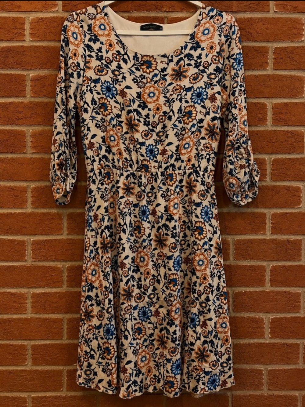 Mikarose White Midi Dress with Blue & Tan Floral Print
